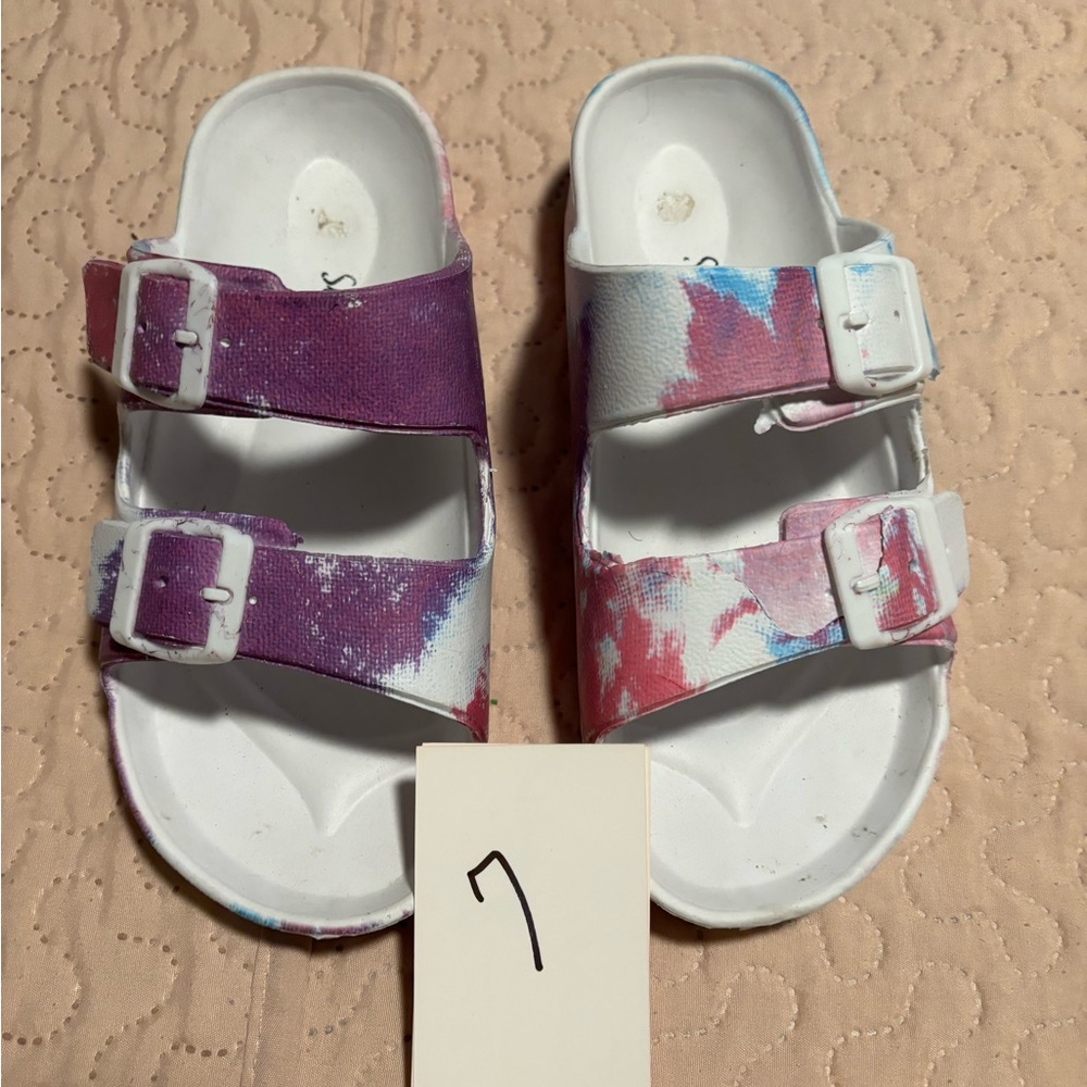 Slides Hard Plastic Bottoms Tie Dye Colors Two Buckle Slide Ons Wore A Few Times
